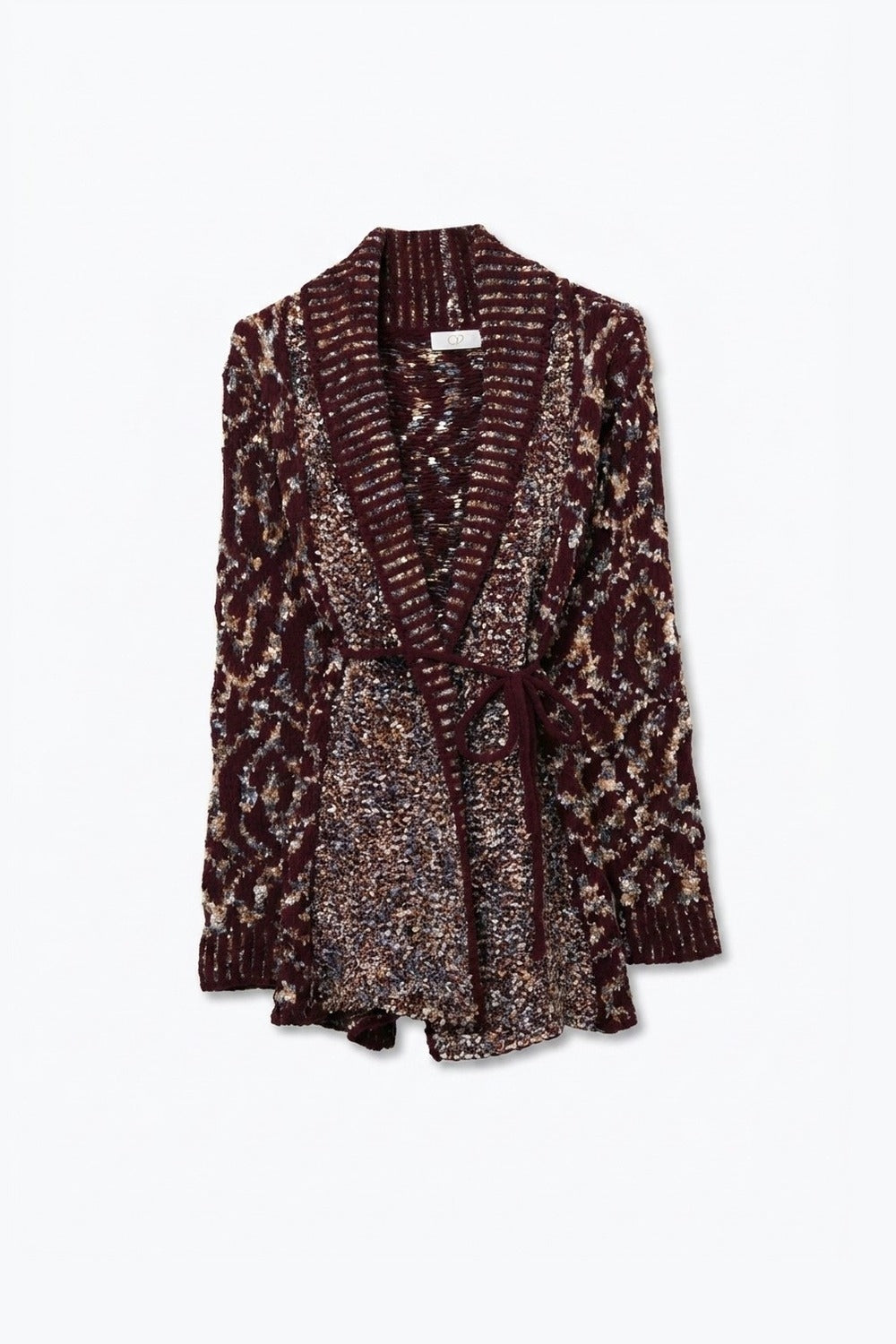 Burgundy Chunky Knit Jacquard Belted Shawl Cardigan - Cardigans