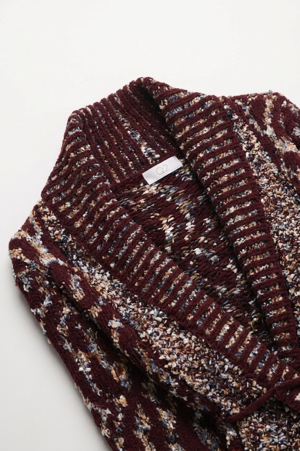 Burgundy Chunky Knit Jacquard Belted Shawl Cardigan - Cardigans