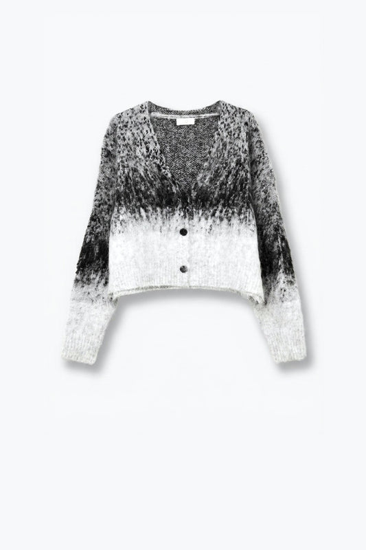 Grey Ombre Fluffy Knit Button Front Cropped Cardigan - Cardigans