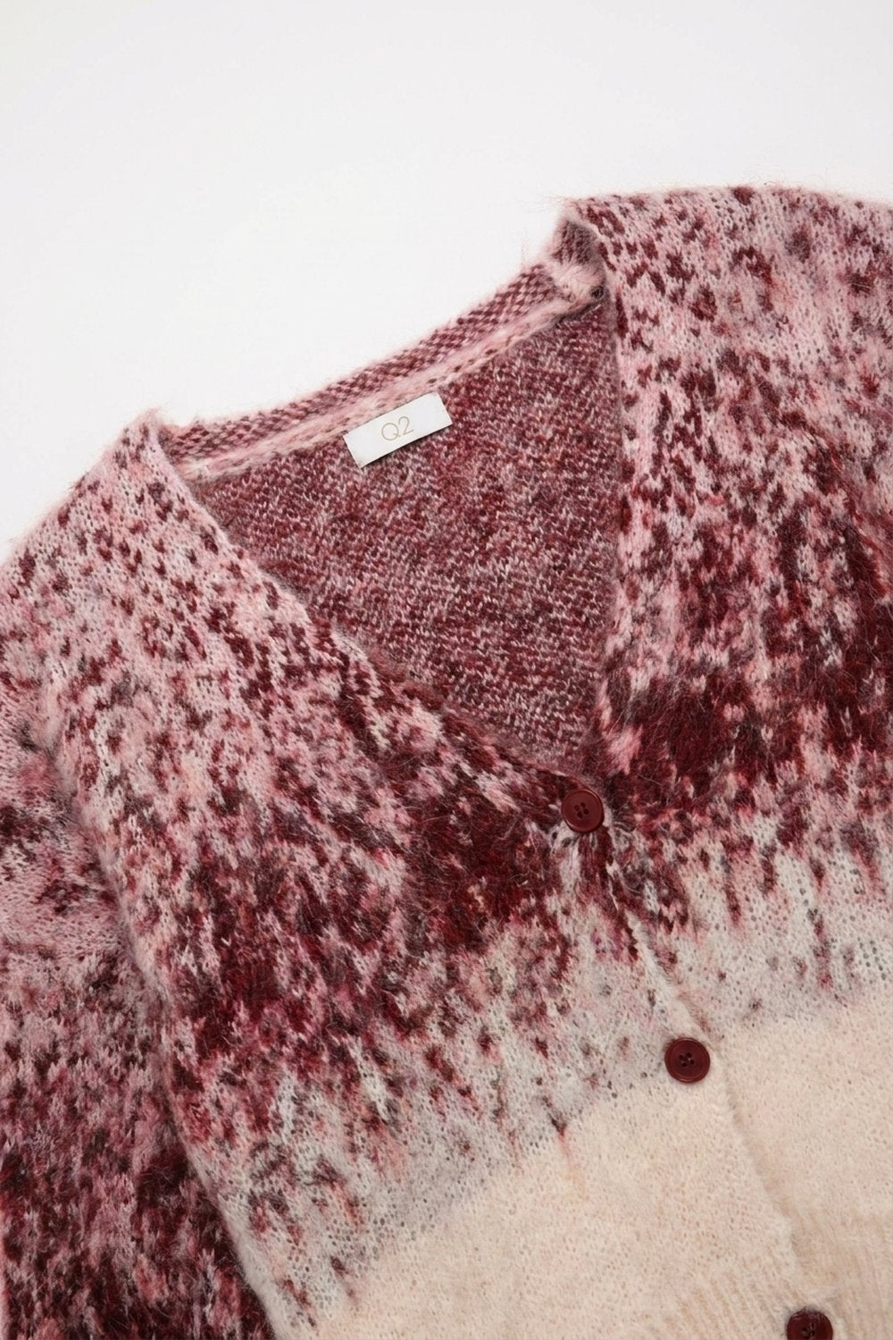 Cream Burgundy Ombre Fluffy Knit Button Cropped Cardigan Sweater - Cardigans