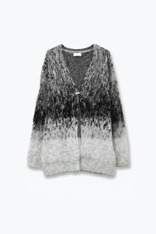 Grey Ombre Faux Mohair Chunky Knit V-Neck Oversize Cardigan - Cardigans