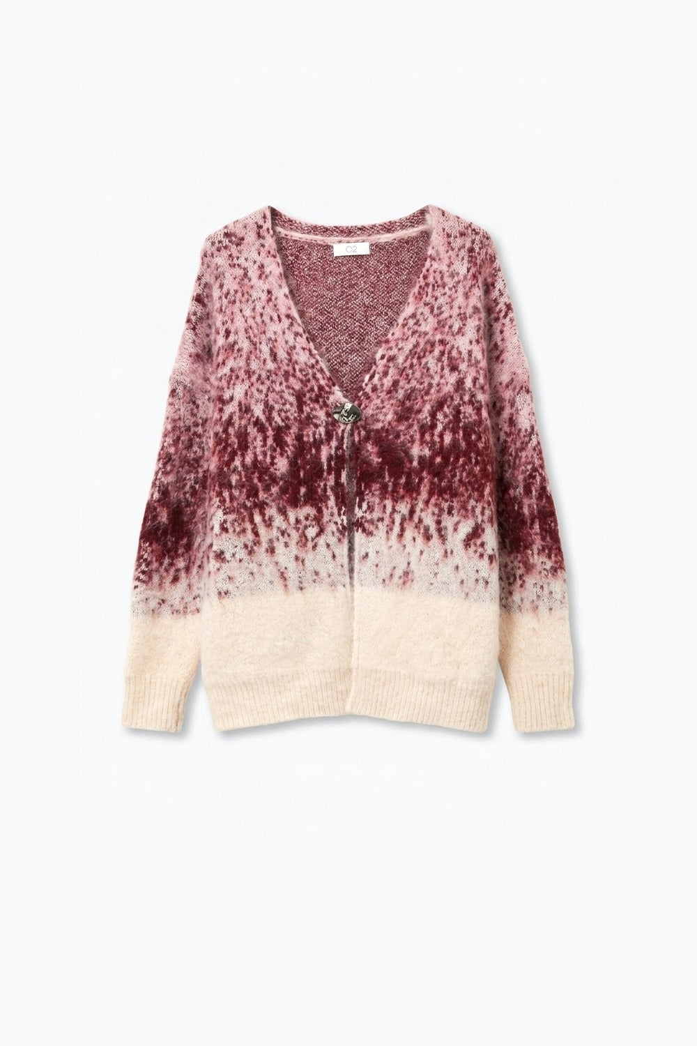 Pink Abstract Print Fluffy Knit V-Neck Button Cardigan Sweater - Cardigans