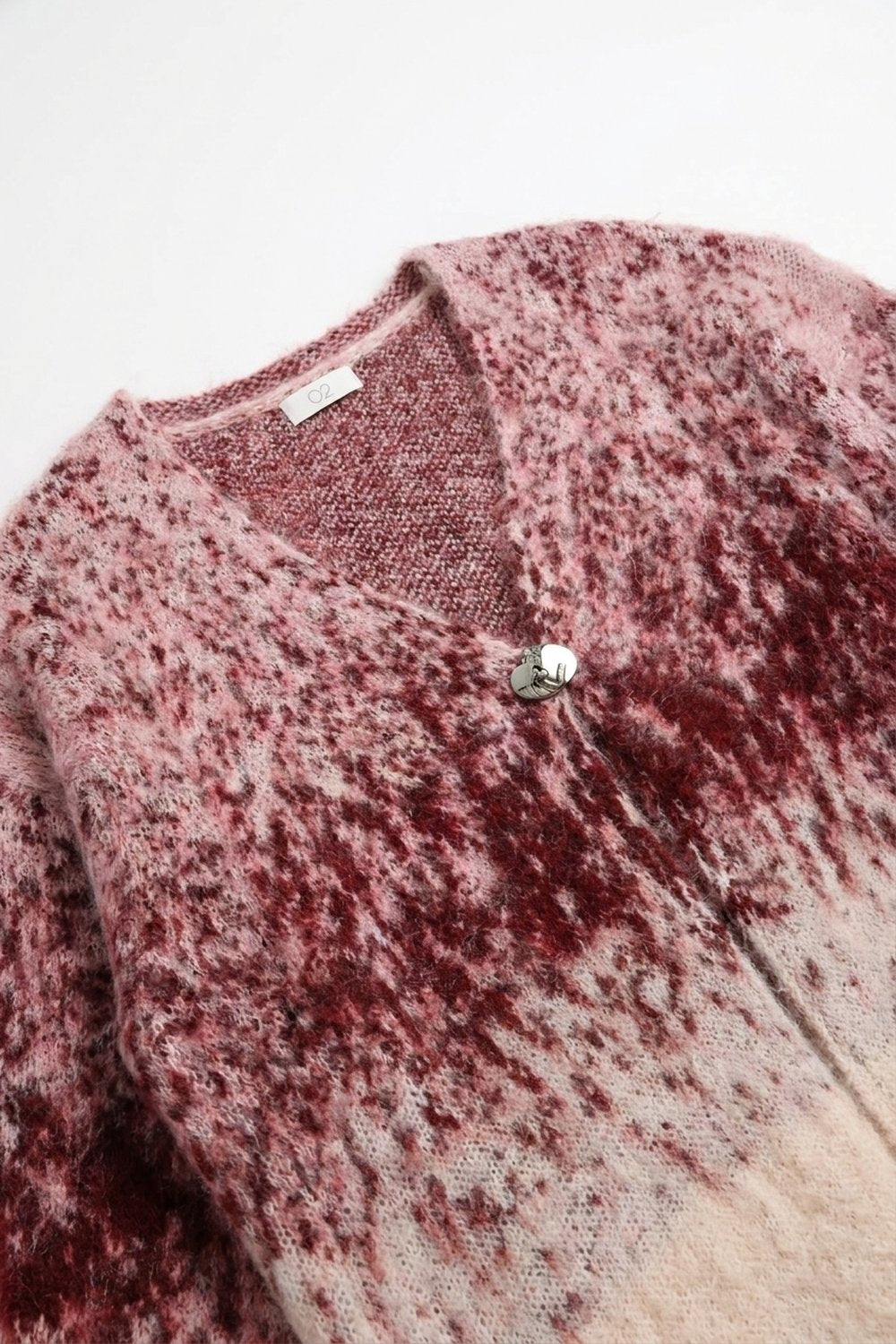 Pink Abstract Print Fluffy Knit V-Neck Button Cardigan Sweater - Cardigans