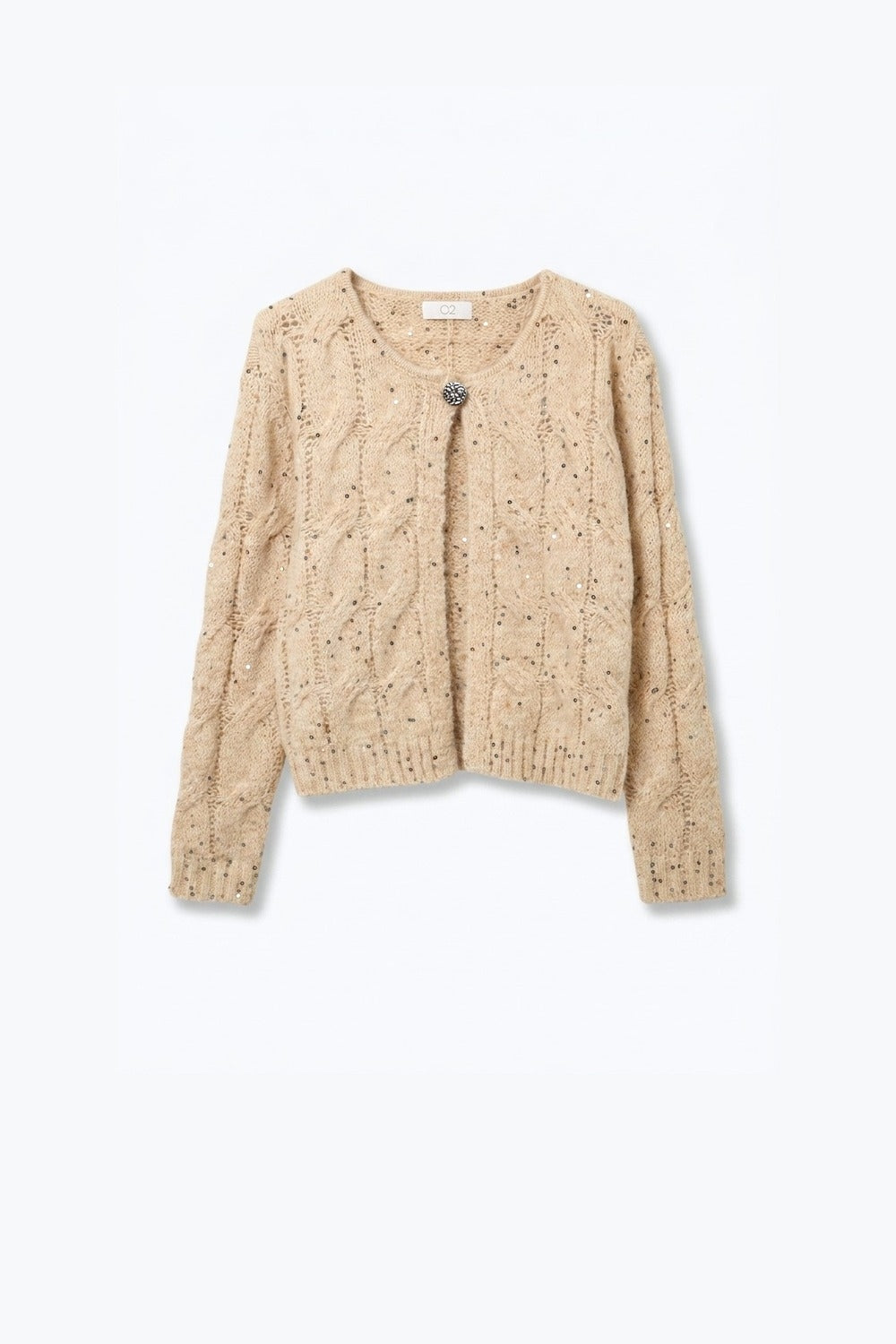 Beige Sequin Chunky Cable Knit Button Cropped Cardigan - Cardigans
