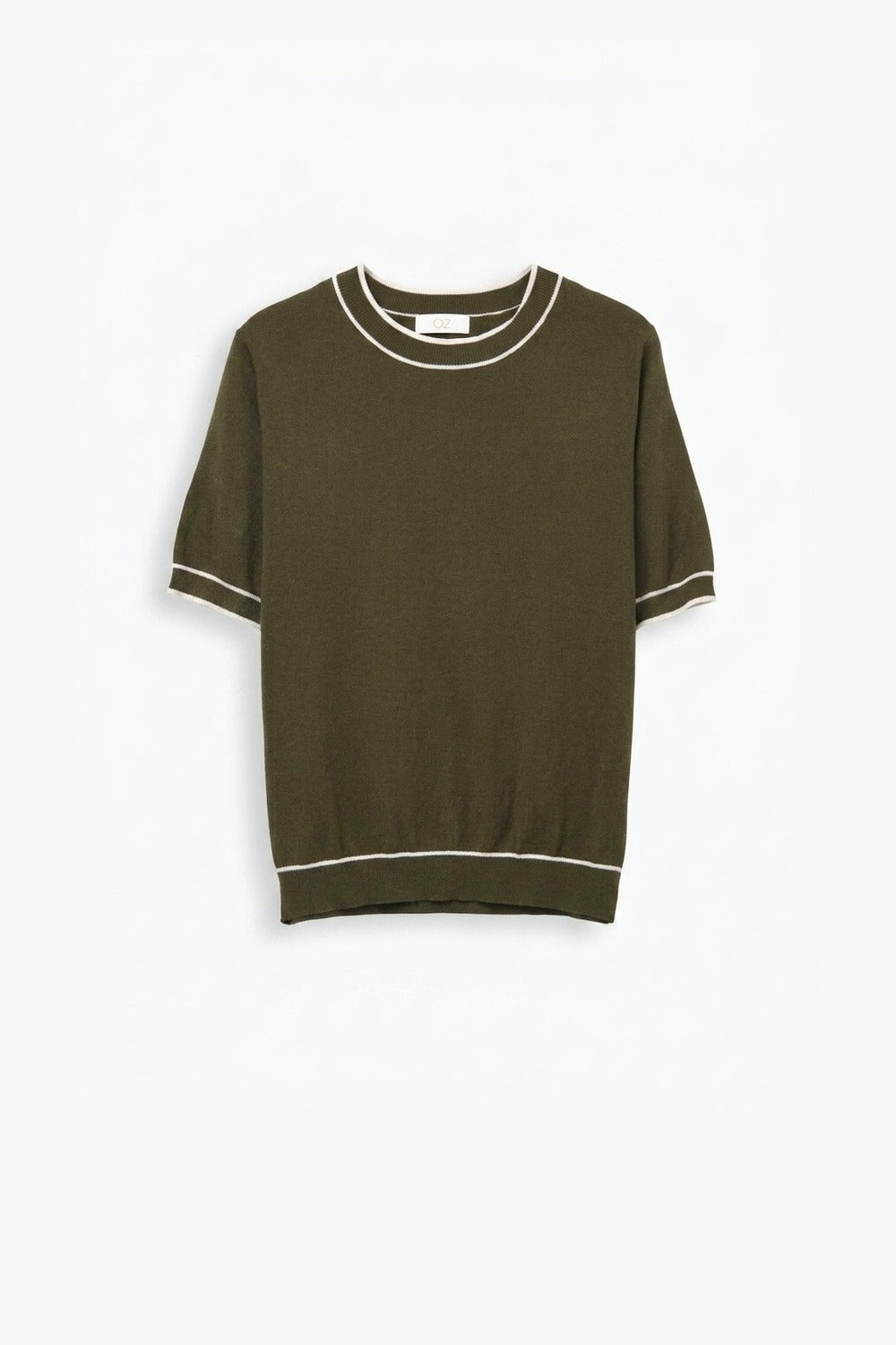 Olive Fine Knit Contrast Trim Crew Neck Short Sleeve sweater - Tops