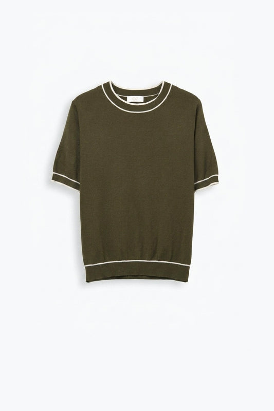 Olive Fine Knit Contrast Trim Crew Neck Short Sleeve sweater - Tops