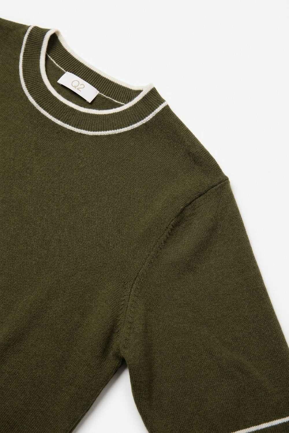 Olive Fine Knit Contrast Trim Crew Neck Short Sleeve sweater - Tops