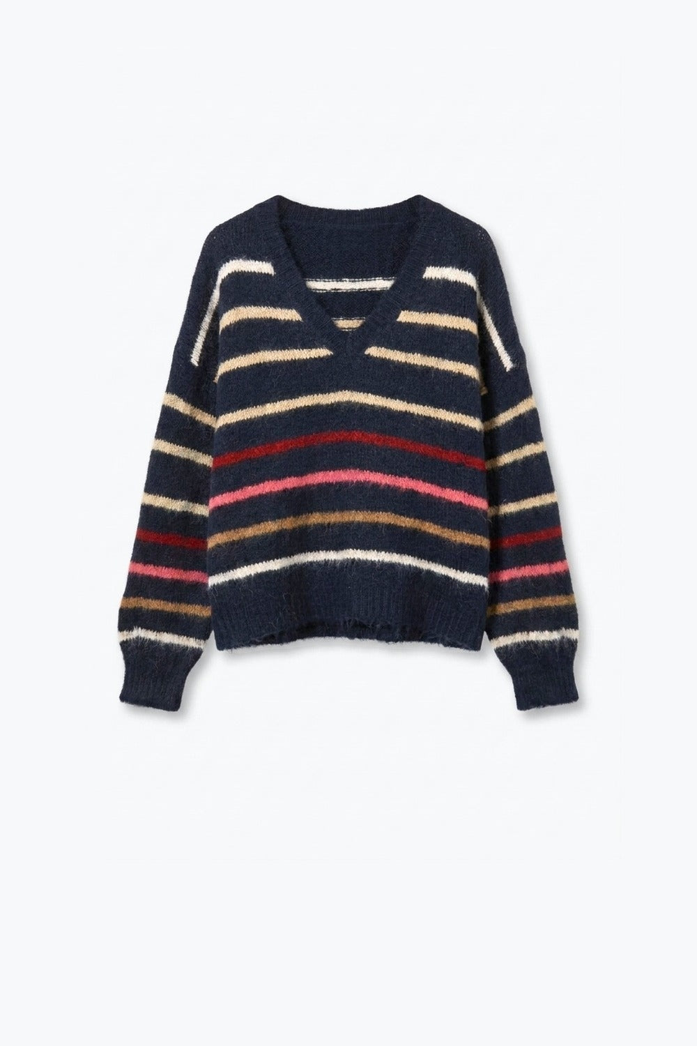 Navy Multicolor Fluffy Knit V-Neck Stripe Relaxed Sweater - Jumpers