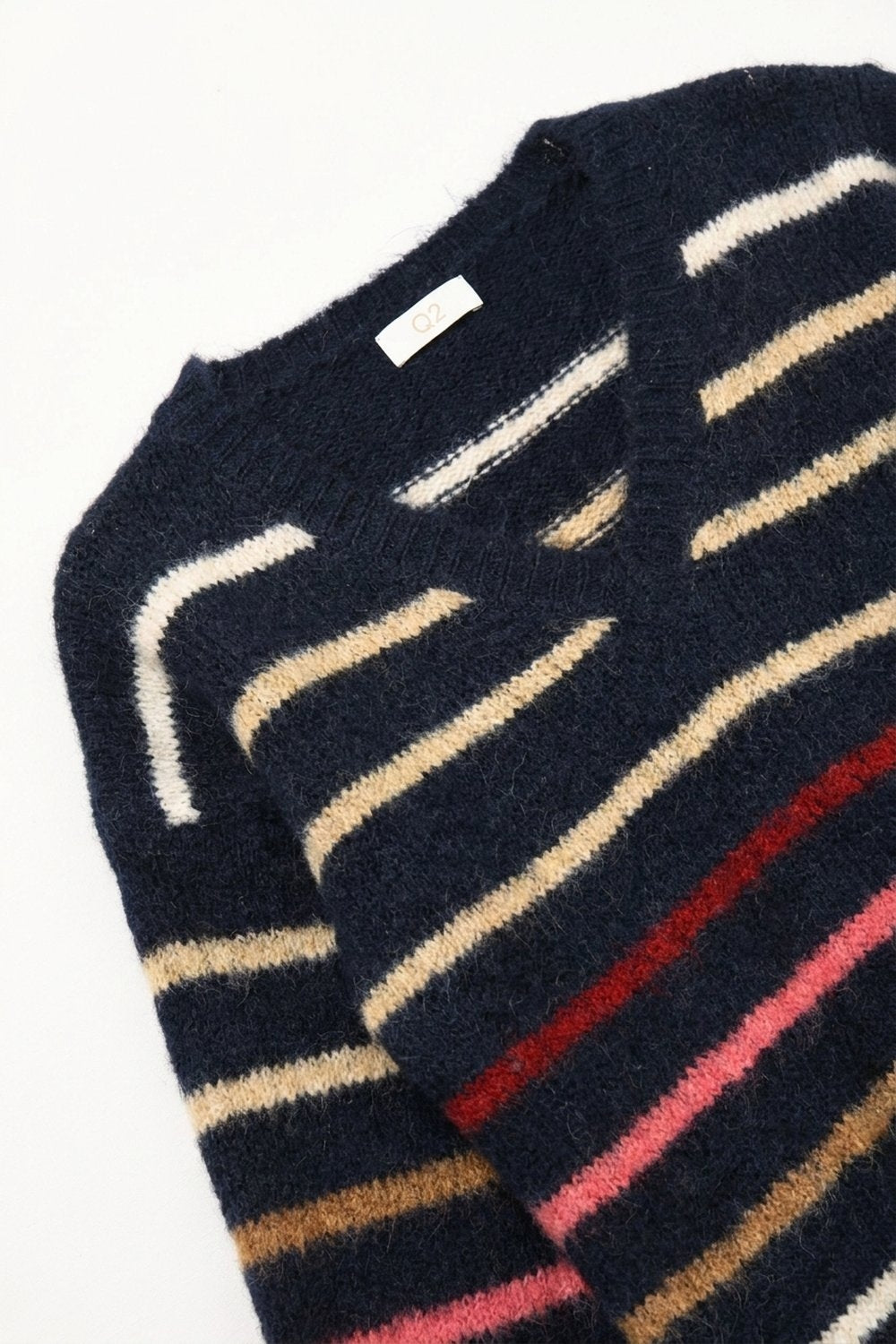 Navy Multicolor Fluffy Knit V-Neck Stripe Relaxed Sweater - Jumpers