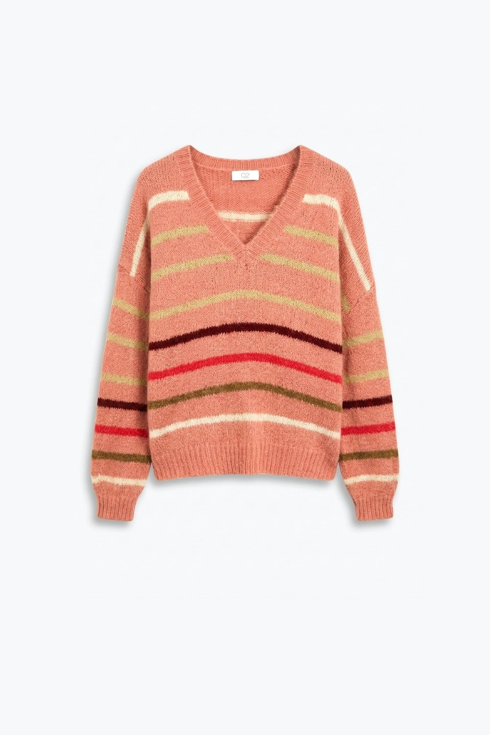 Pink Multicolor Fluffy Knit V-Neck Striped Relaxed jumper - Jumpers