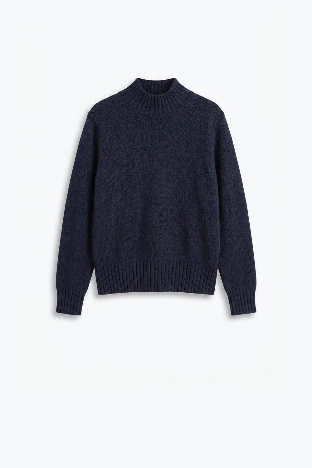 Navy chunky Knit Ribbed High Collar Long Sleeve Sweater - Jumpers