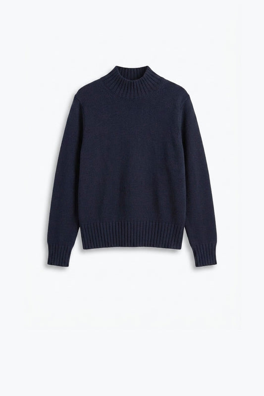 Navy chunky Knit Ribbed High Collar Long Sleeve Sweater - Jumpers