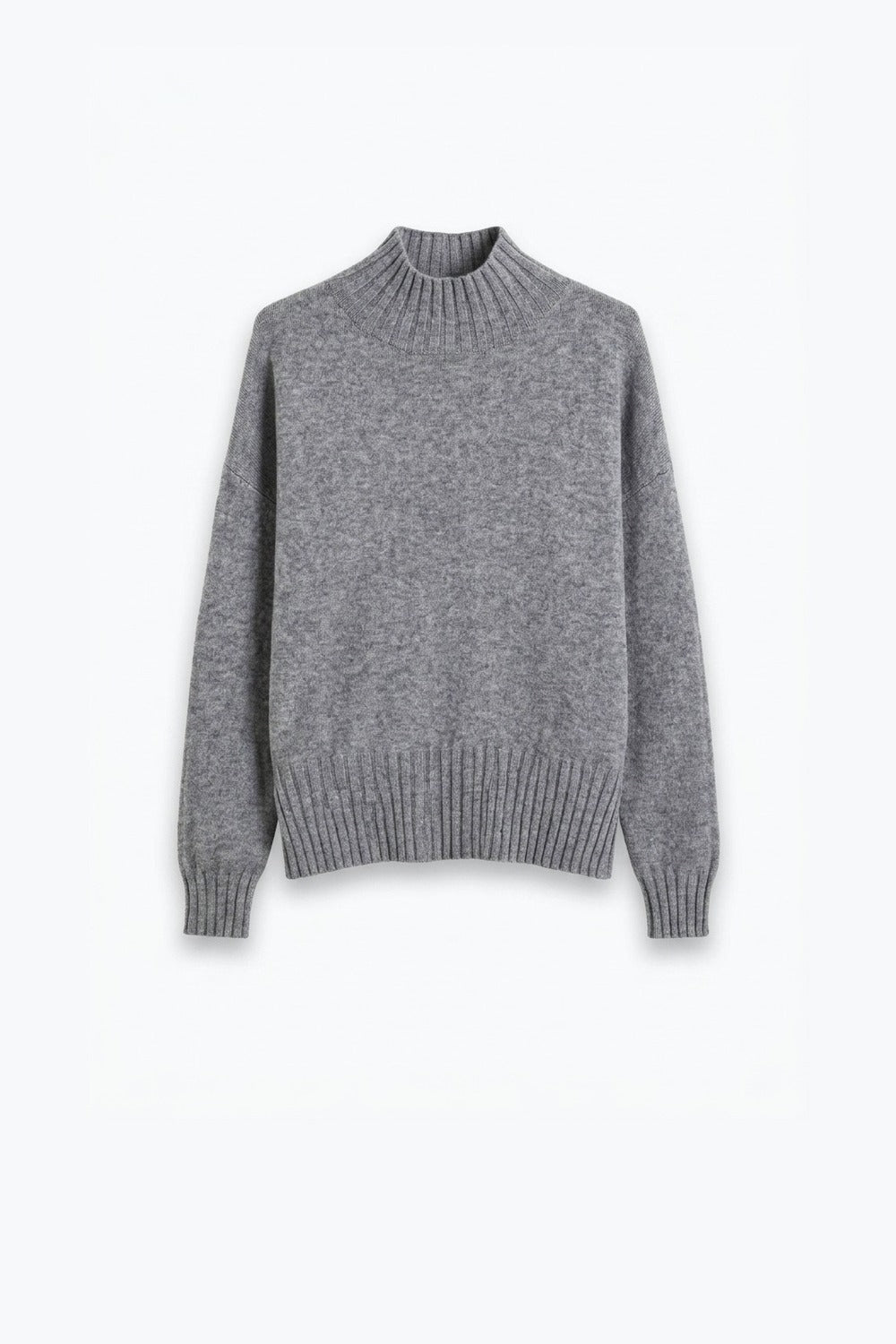 Grey chunky Knit Ribbed Trim High Collar Sweater - Jumpers