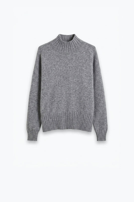 Grey chunky Knit Ribbed Trim High Collar Sweater - Jumpers