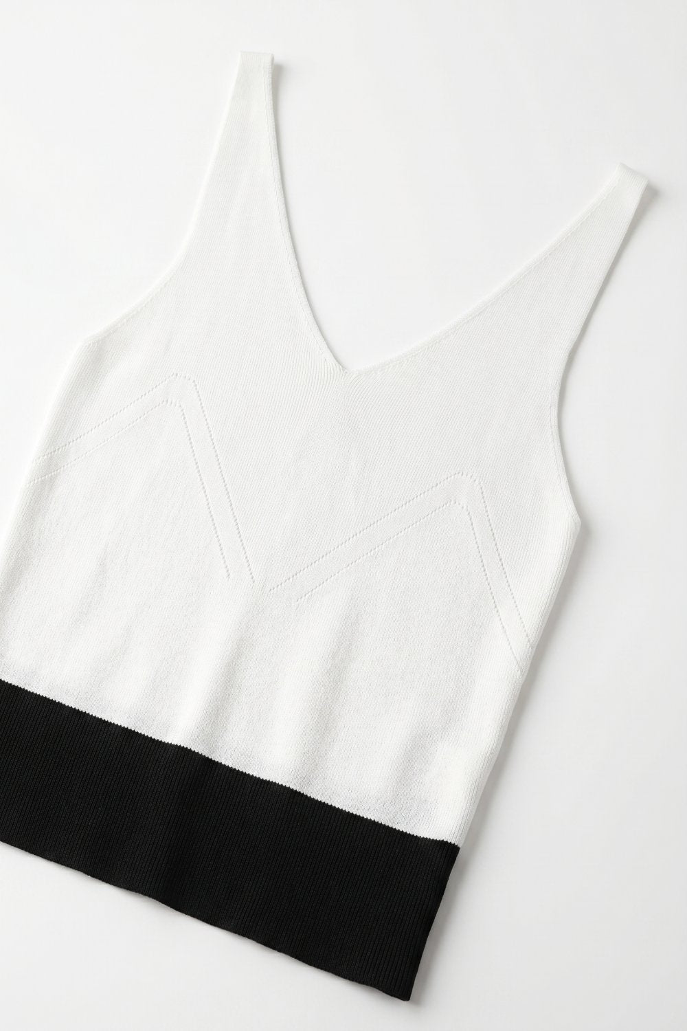 White Ribbed Knit Contrast Hem V-Neck Cropped Tank Top - Tops