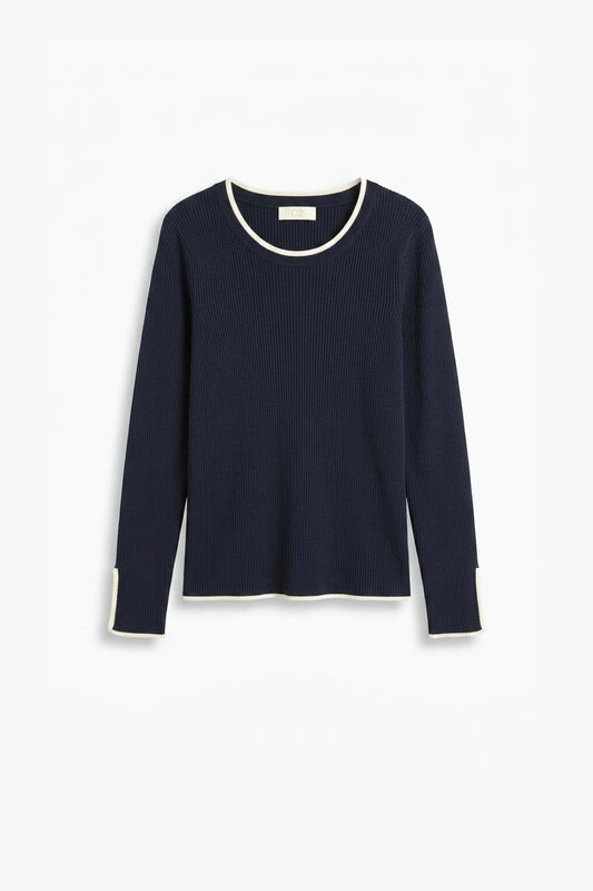 navy Ribbed Knit white Contrast Trim sweater in wide neck - Jumpers