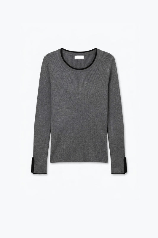 Grey Ribbed Knit Black Contrast Trim sweater in wide neck - Jumpers