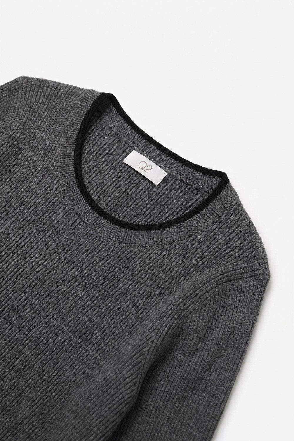 Grey Ribbed Knit Black Contrast Trim sweater in wide neck - Jumpers