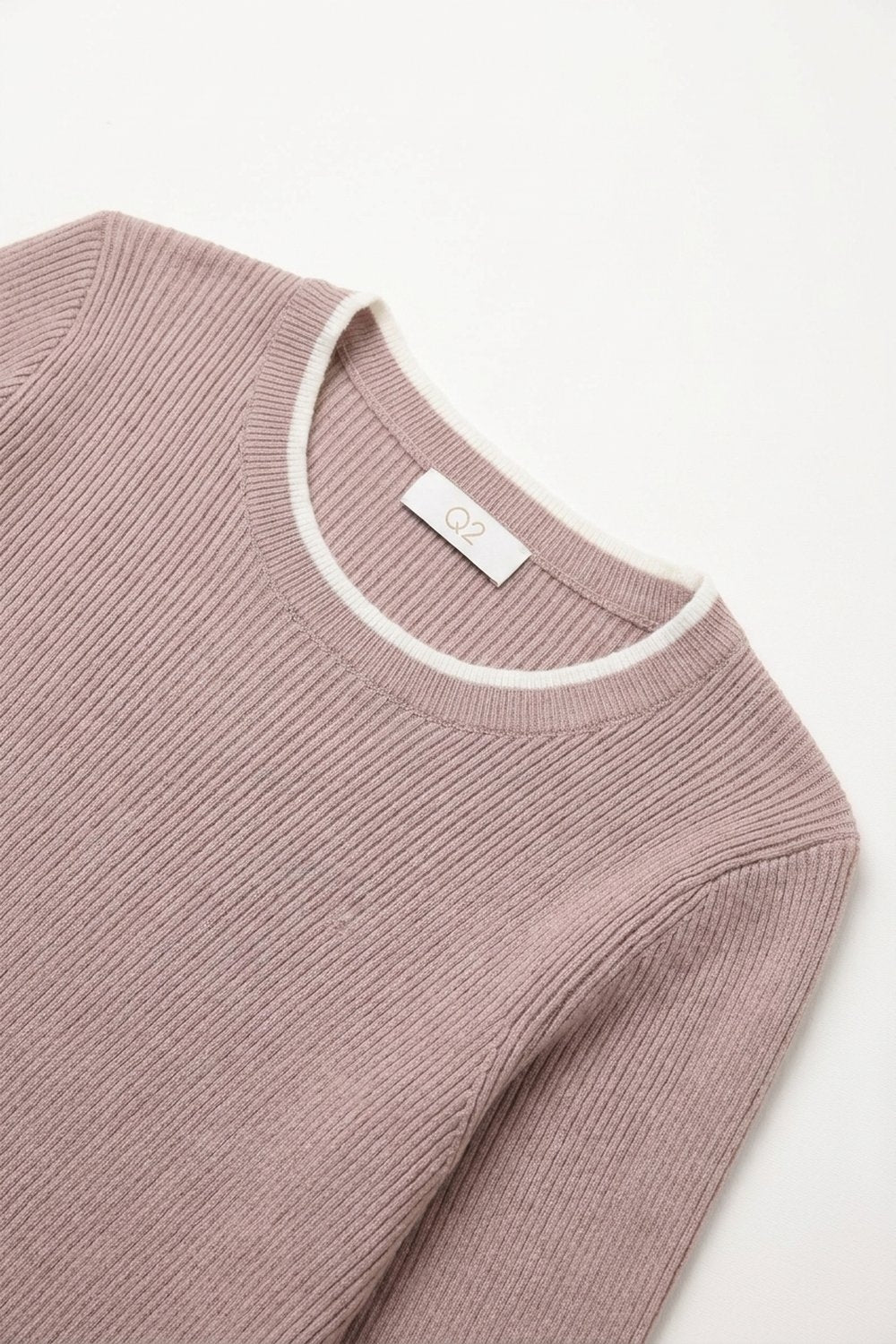 pink Ribbed Knit white Contrast Trim sweater in wide neck - Jumpers