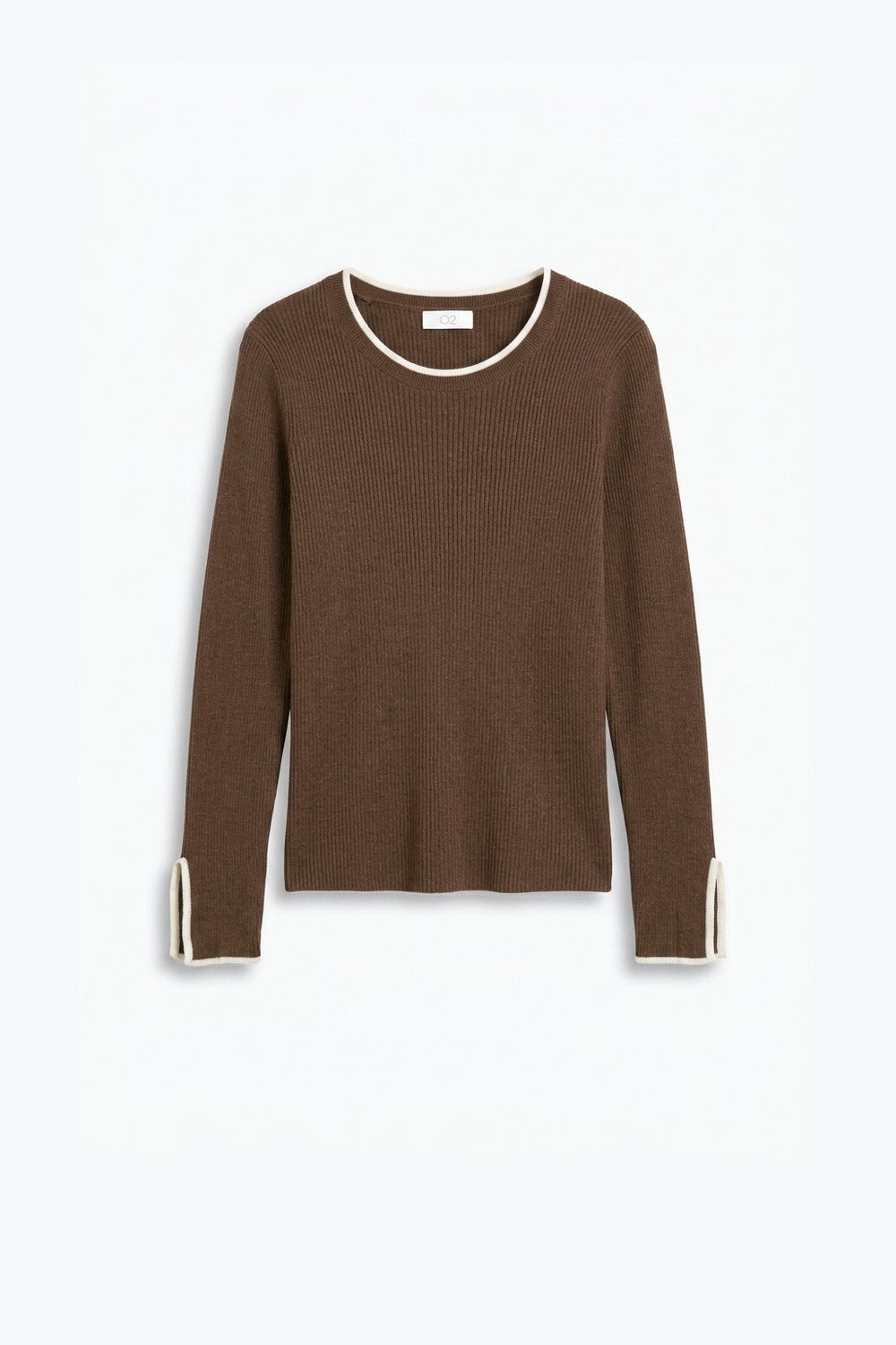 Camel Ribbed Knit Contrast Trim Long Sleeve Sweater - Jumpers