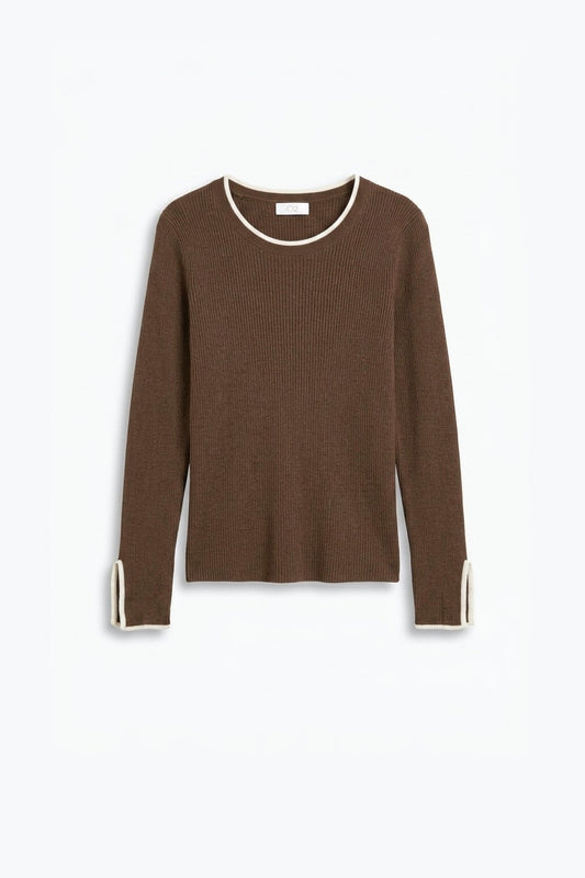 Camel Ribbed Knit Contrast Trim Long Sleeve Sweater - Jumpers