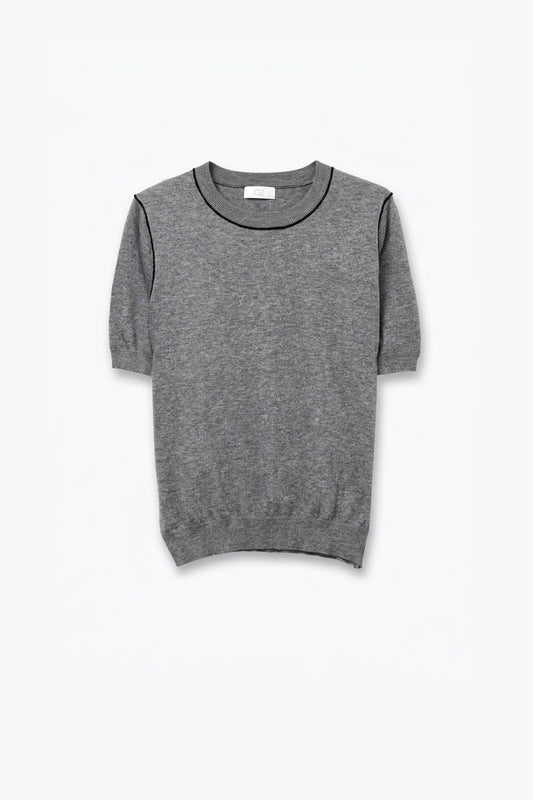 Grey Fine Knit Contrast Seam Crew Neck Short Sleeve sweater - Jumpers