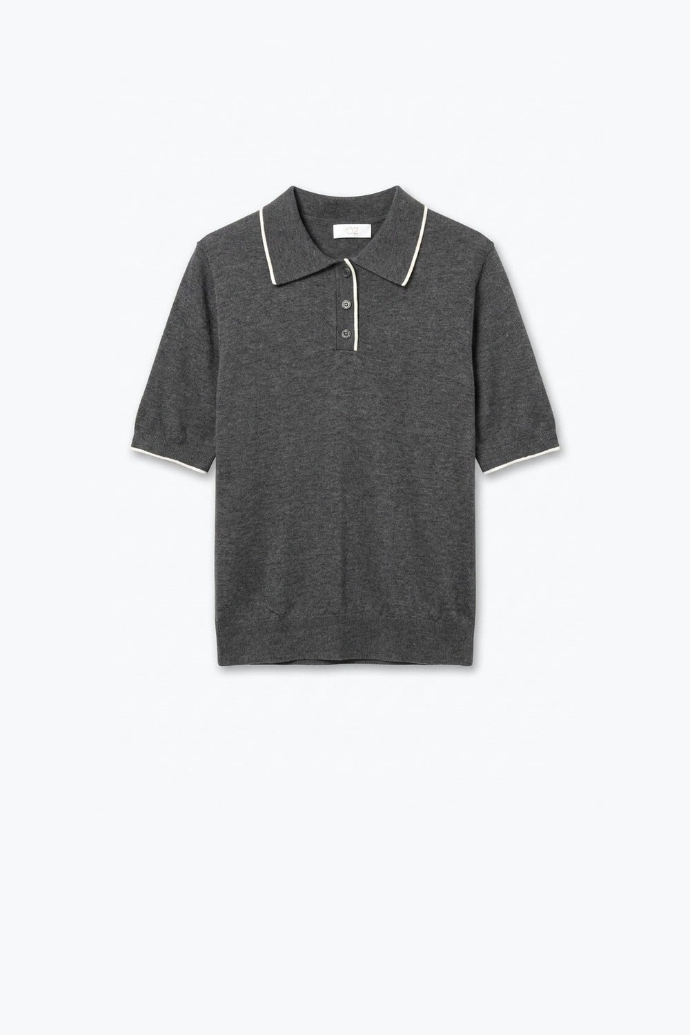 Grey Fine Knit Contrast Trim Short Sleeve sweater with Polo neckline - Polos