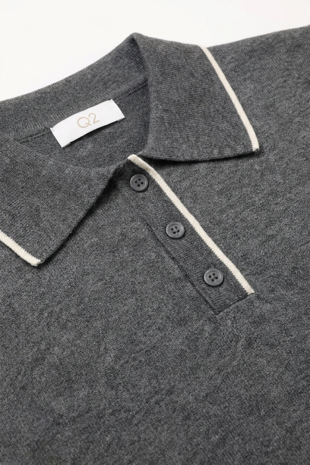 Grey Fine Knit Contrast Trim Short Sleeve sweater with Polo neckline - Polos