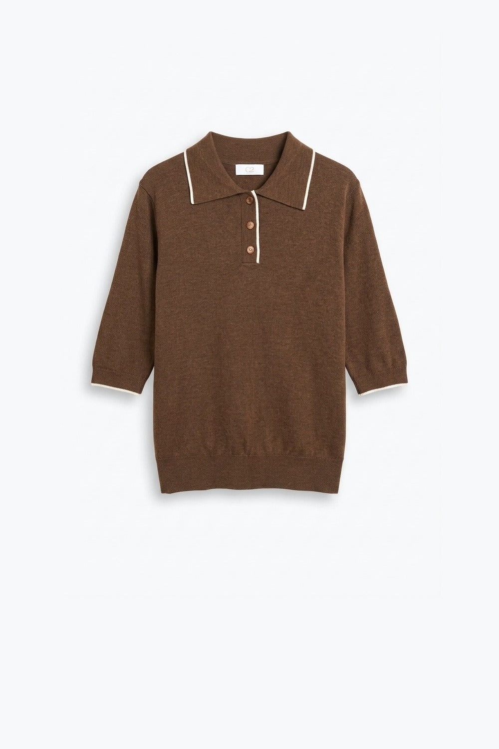 Brown Fine Knit Contrast Trim sweater with Polo Collar - Polos