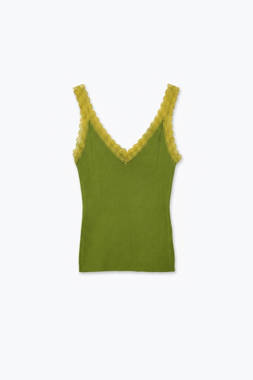 Fine-Knit Camisole with Contrast Lace Trim in Olive - Tops