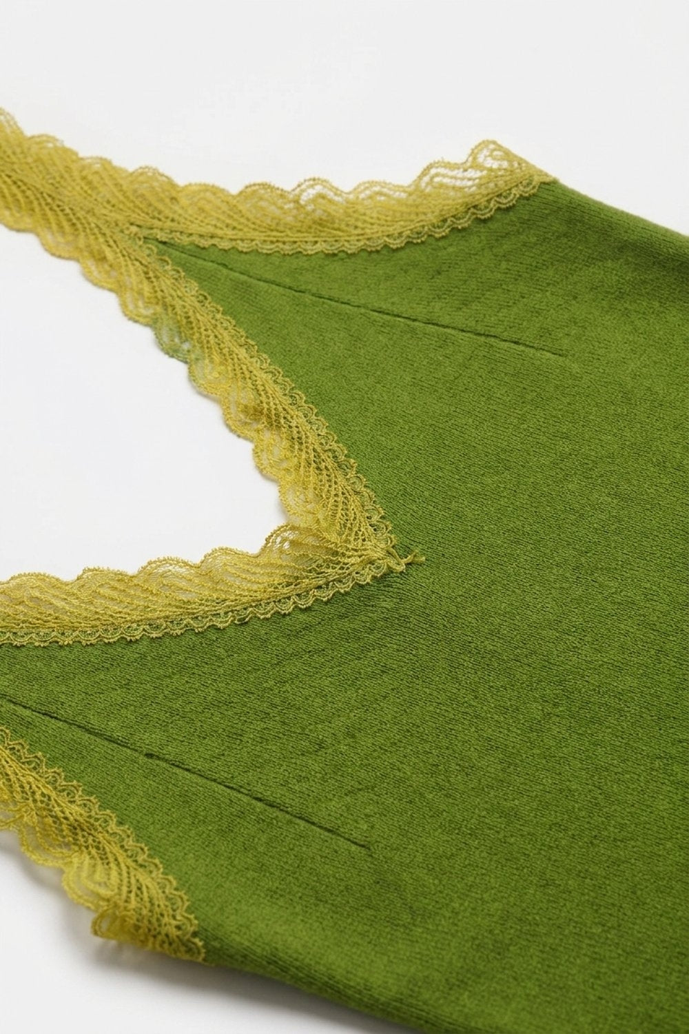 Fine-Knit Camisole with Contrast Lace Trim in Olive - Tops