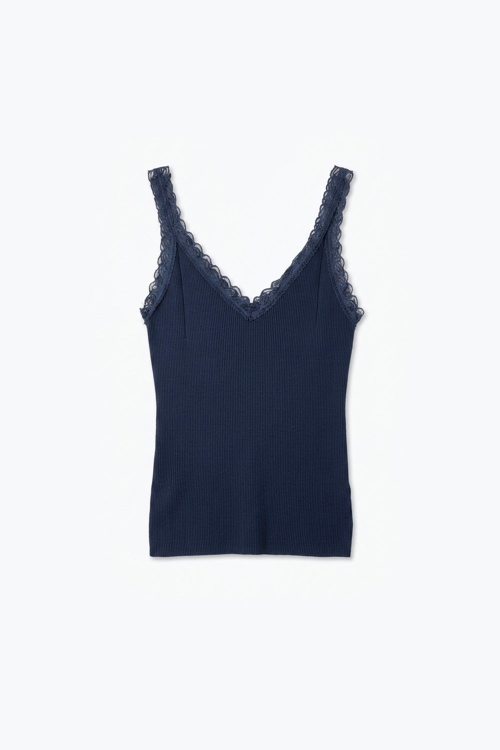 Navy Ribbed Knit Lace Trim V-Neck Sleeveless Top - Tops