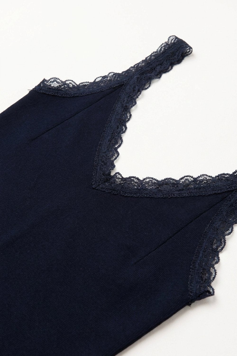 Navy Ribbed Knit Lace Trim V-Neck Sleeveless Top - Tops