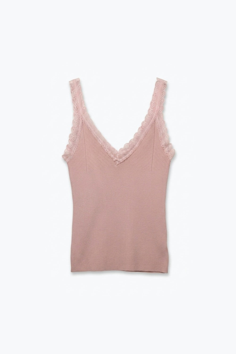 Light Pink Ribbed Knit Lace Trim V-Neck Sleeveless Top - Tops