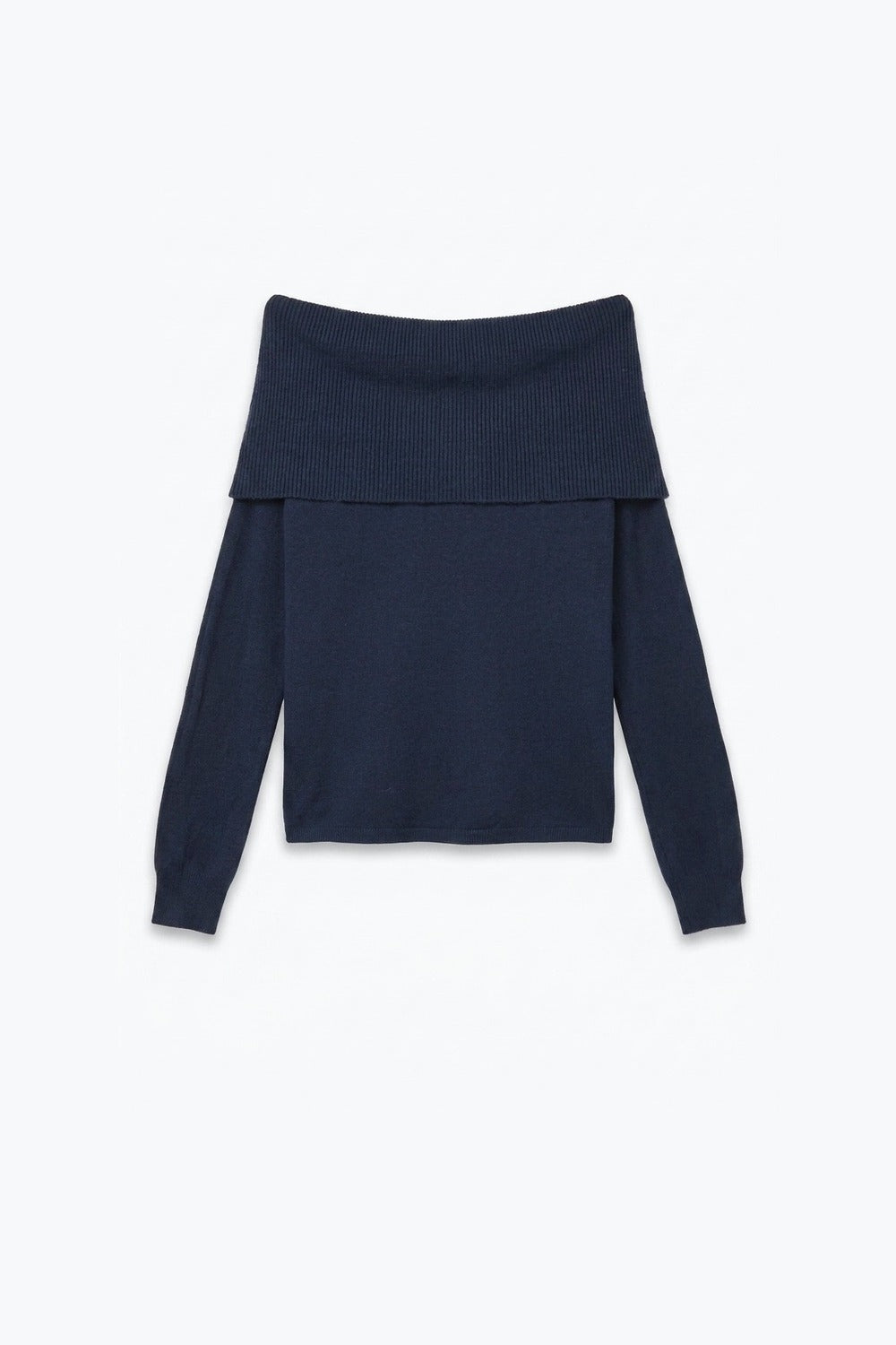 Navy Ribbed Knit Off Shoulder Foldover Sweater - Jumpers