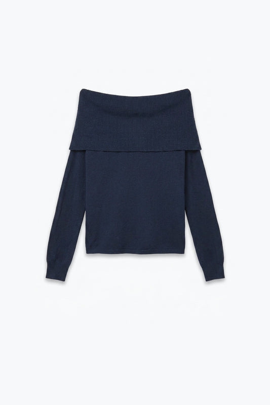 Navy Ribbed Knit Off Shoulder Foldover Sweater - Jumpers