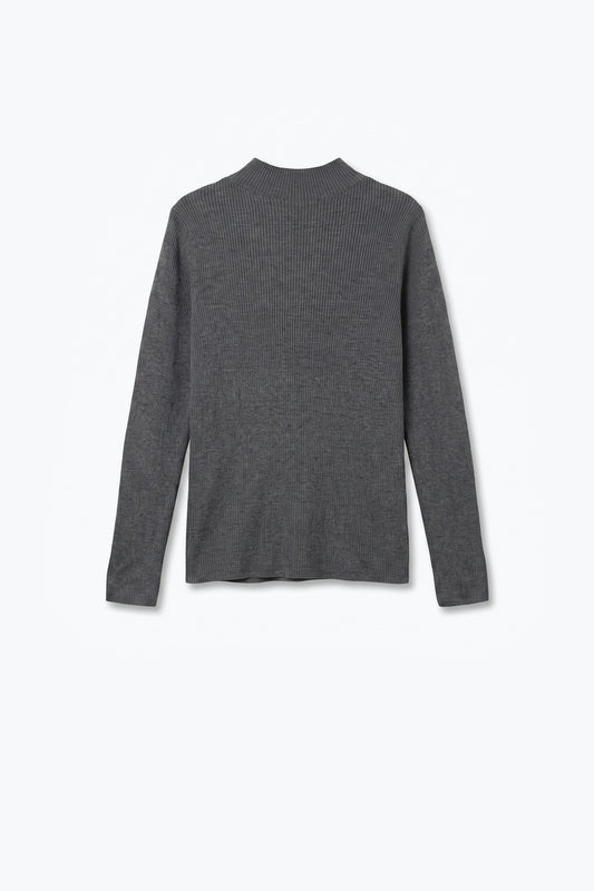 Fine Ribbed Merino Wool Sweater in grey with Mock neck - Jumpers