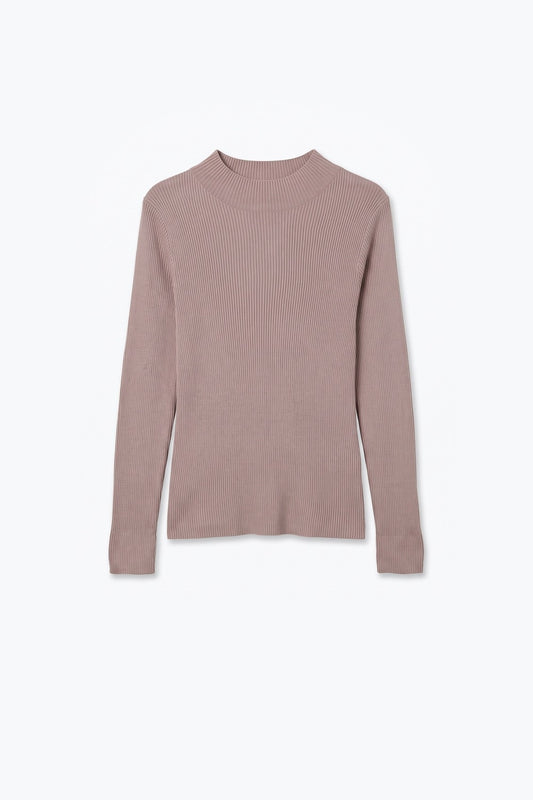Fine Ribbed Merino Wool Sweater in beige with Mock neck - Jumpers