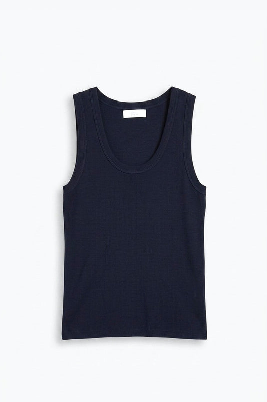 Navy Fine-Rib Knit Scoop Neck Sleeveless sweater with Wide Straps - Tops