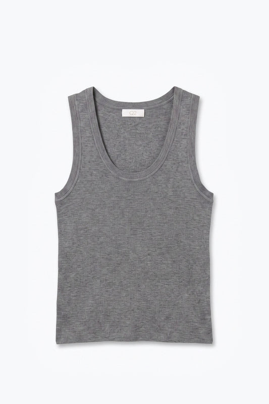 Grey Fine-Rib Knit Scoop Neck Sleeveless Top with Wide Straps - Tops