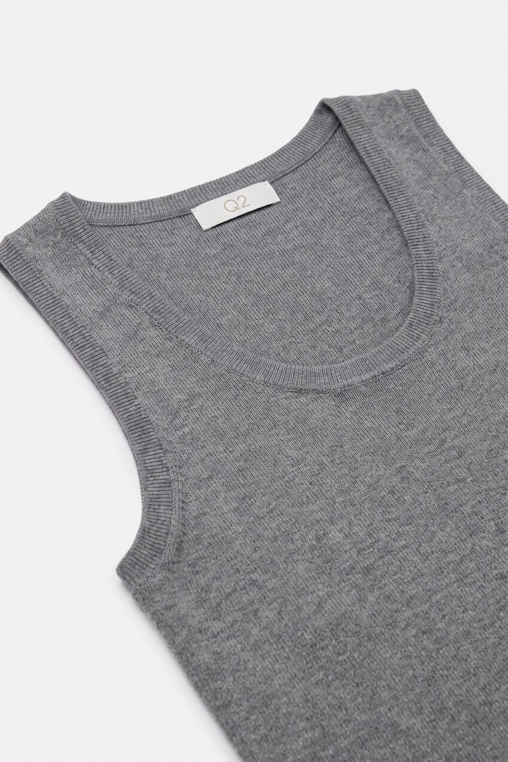 Grey Fine-Rib Knit Scoop Neck Sleeveless Top with Wide Straps - Tops