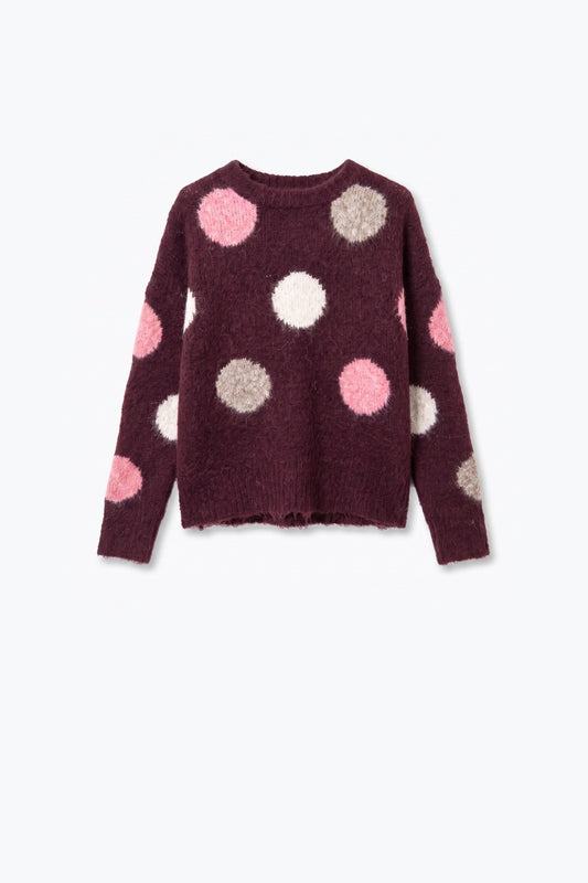 Burgundy Polka-dot Fluffy Knit Crew Neck Regular Fit Sweater - Jumpers