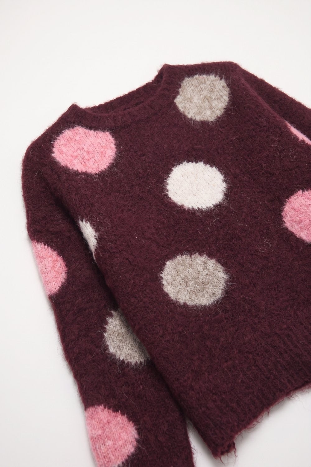 Burgundy Polka-dot Fluffy Knit Crew Neck Regular Fit Sweater - Jumpers
