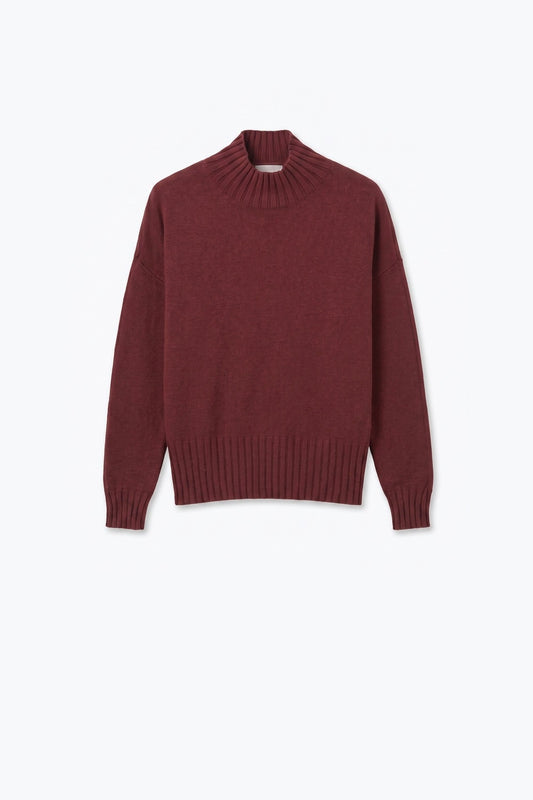 Burgundy warm Knit Ribbed High Collar Regular Fit Sweater - Jumpers