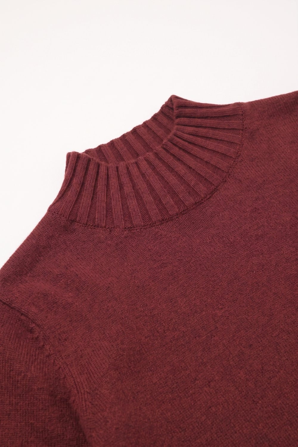 Burgundy warm Knit Ribbed High Collar Regular Fit Sweater - Jumpers