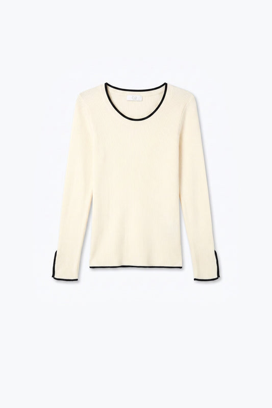 Cream Ribbed Knit Black Contrast Trim sweater in wide neck - Jumpers