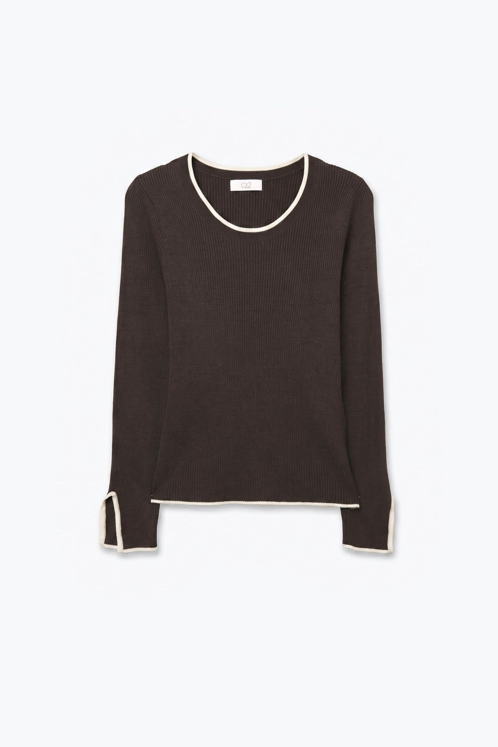 Brown Ribbed Knit white Contrast Trim sweater in wide neck - Jumpers