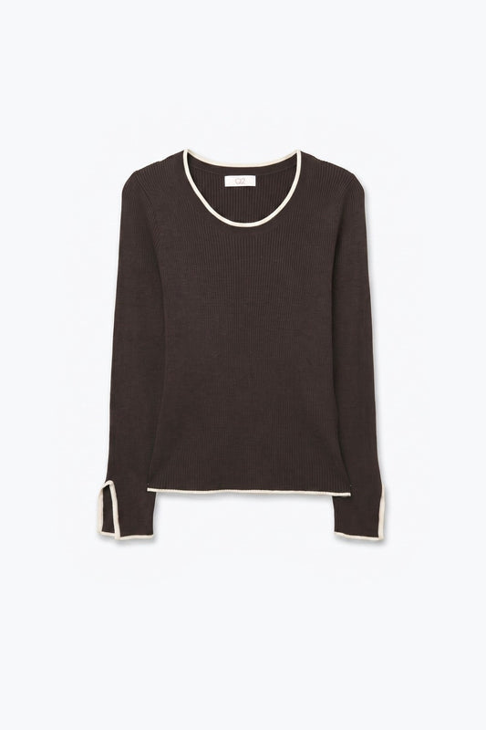 Brown Ribbed Knit white Contrast Trim sweater in wide neck - Jumpers
