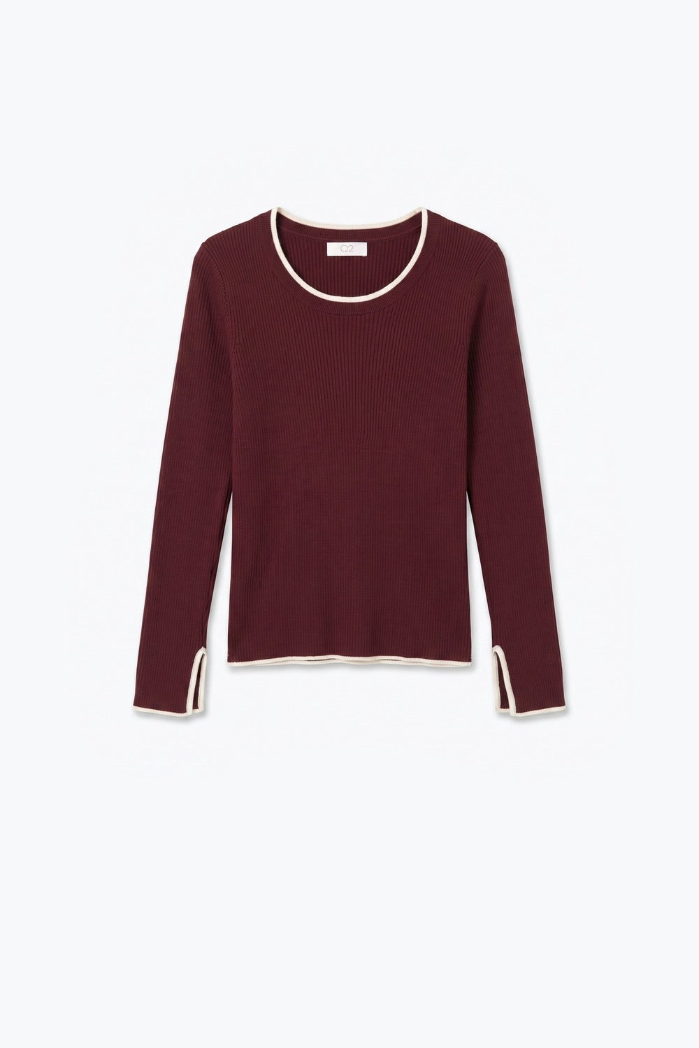 Burgundy Ribbed Knit white Contrast Trim sweater in wide neck - Jumpers