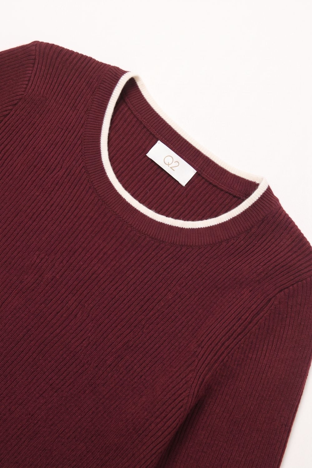 Burgundy Ribbed Knit white Contrast Trim sweater in wide neck - Jumpers